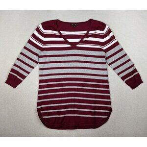LETY & ME - WOMEN'S RED & GRAY STRIPED 3/4 SLEEVE PULLOVER SWEATER - SIZE L